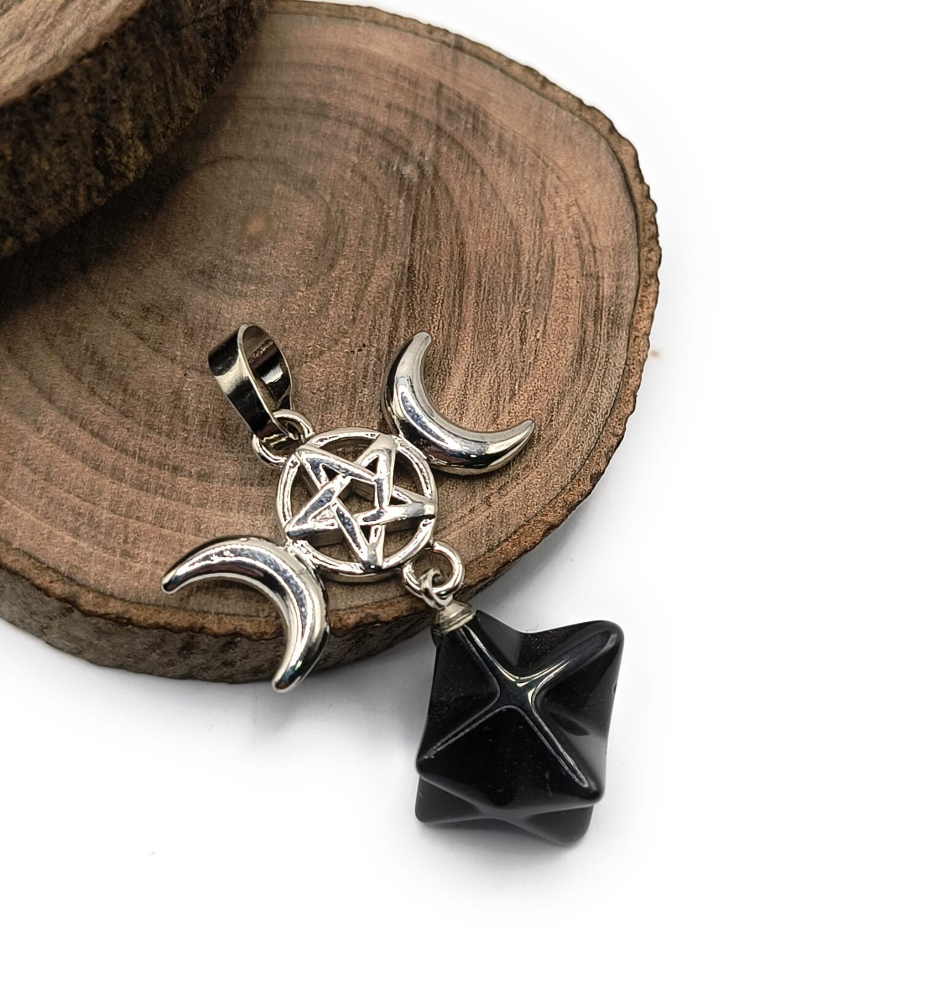 Colgante Triple Luna con piedra obsidiana con cadena - 2