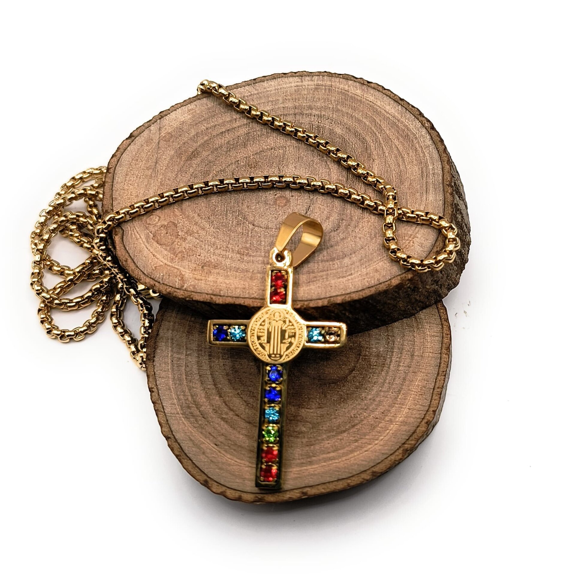 Cruz con medalla de San Benito y cristales energéticos tallados - Colgante - 2
